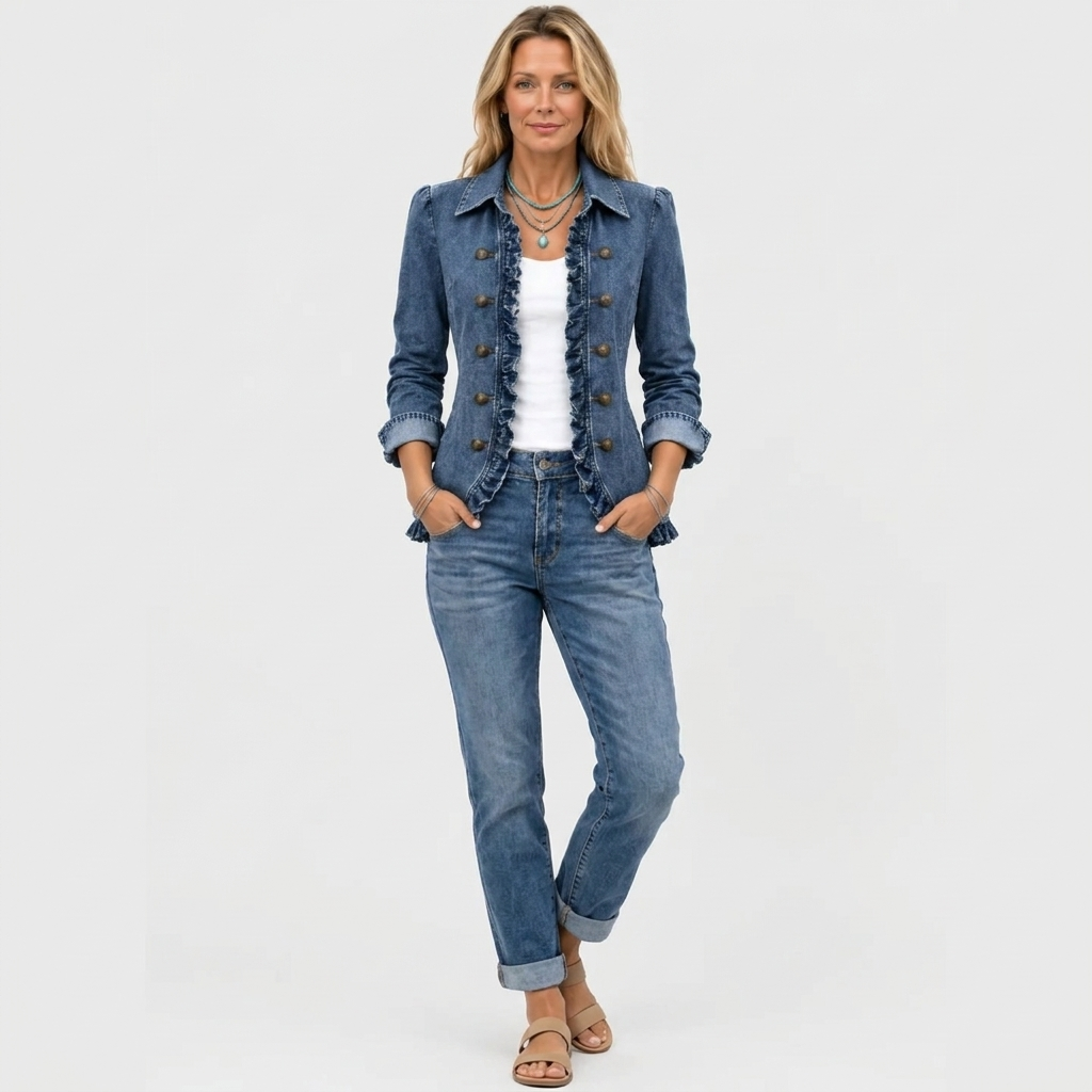 Ganzkörperansicht: Jeansjacke mit weißem Top, Jeans mit umgeschlagenem Saum und beigen Sandalen kombiniert 3