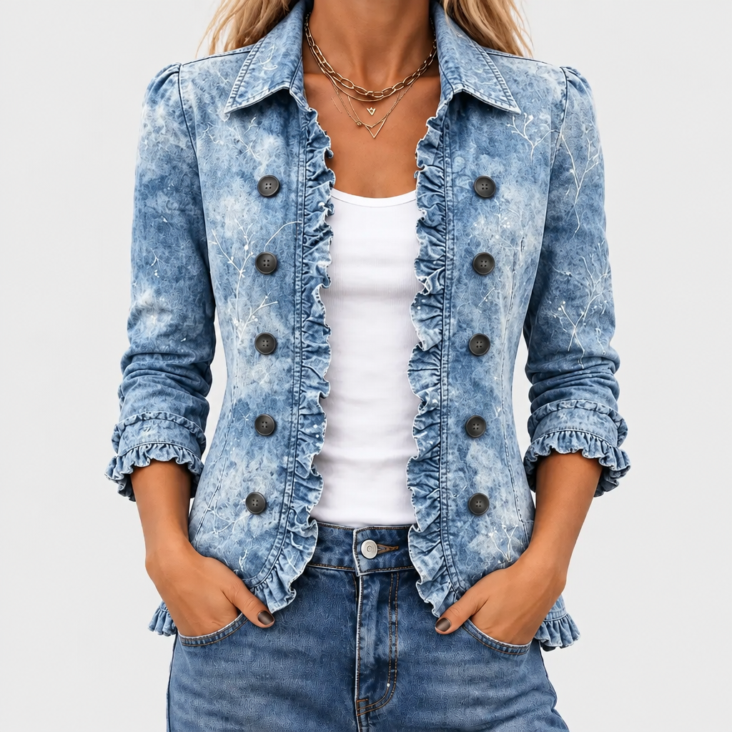 Nahaufnahme der Vorderseite: blau gewaschene Jeansjacke mit Rüschenkante, zwei Knopfreihen und weißem Top darunter, Hände in 1