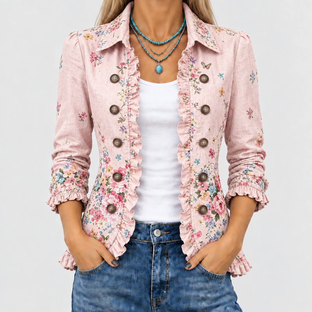 Nahaufnahme der rosa Blumenjacke am Oberkörper: Rüschenkanten, Knopfreihen und Kragen, kombiniert mit weißem Top, Jeans und türkisfarbener Halskette. 1