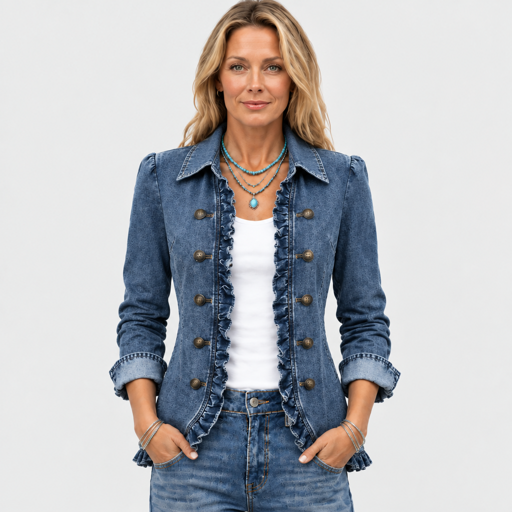 Frontansicht an einem Model: offene Jeansjacke mit Rüschen, Knopfleisten, hochgekrempelten Ärmeln und Händen in den 2