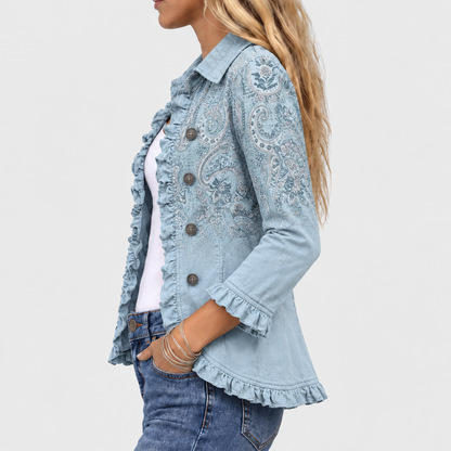 Seitenansicht der Jacke mit Kragen, Knopfleiste, Paisley-Muster und Rüschensaum am Ärmel und unteren Rand 4