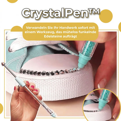 Hand setzt mit dem Stift eine Reihe Strasssteine auf einen weißen Stoffturnschuh, zweiter Stift links im Bild 1