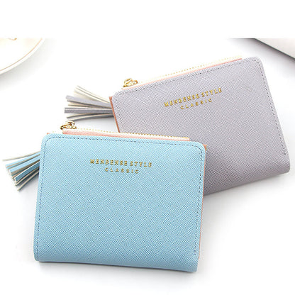 Zwei Mini-Kartenetuis aus Leder, blau und grau, mit Quasten, stilvoll und kompakt.