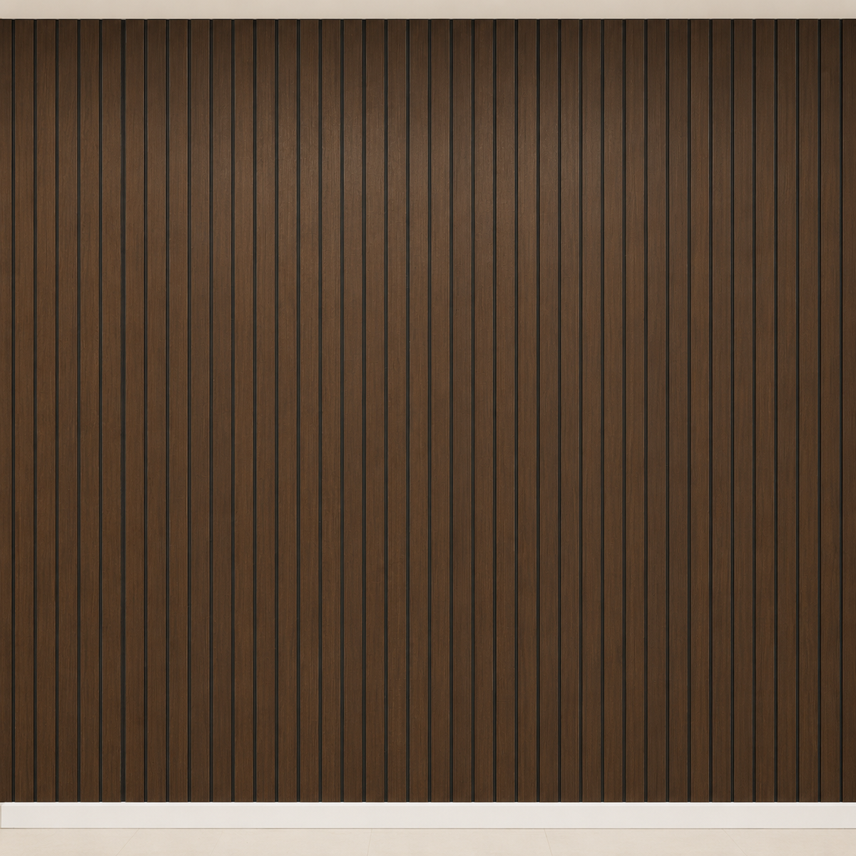 Leere Wand komplett mit dunkelbraunen Lamellenpaneelen verkleidet, mit weißer Sockelleiste 27