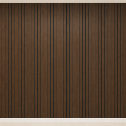 Leere Wand komplett mit dunkelbraunen Lamellenpaneelen verkleidet, mit weißer Sockelleiste 27
