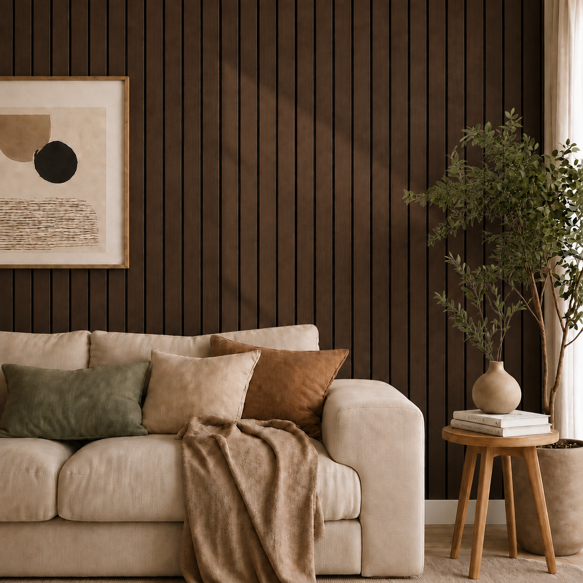 Dunkelbraune Lamellenwand im Wohnzimmer neben beigem Sofa, Bild, Zimmerpflanze und Holzhocker 30