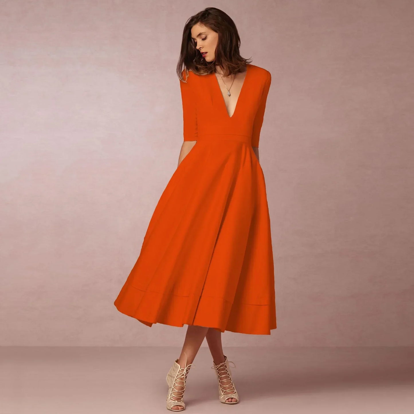 Deep V-Neck Midi Occasion Dress - Sophie