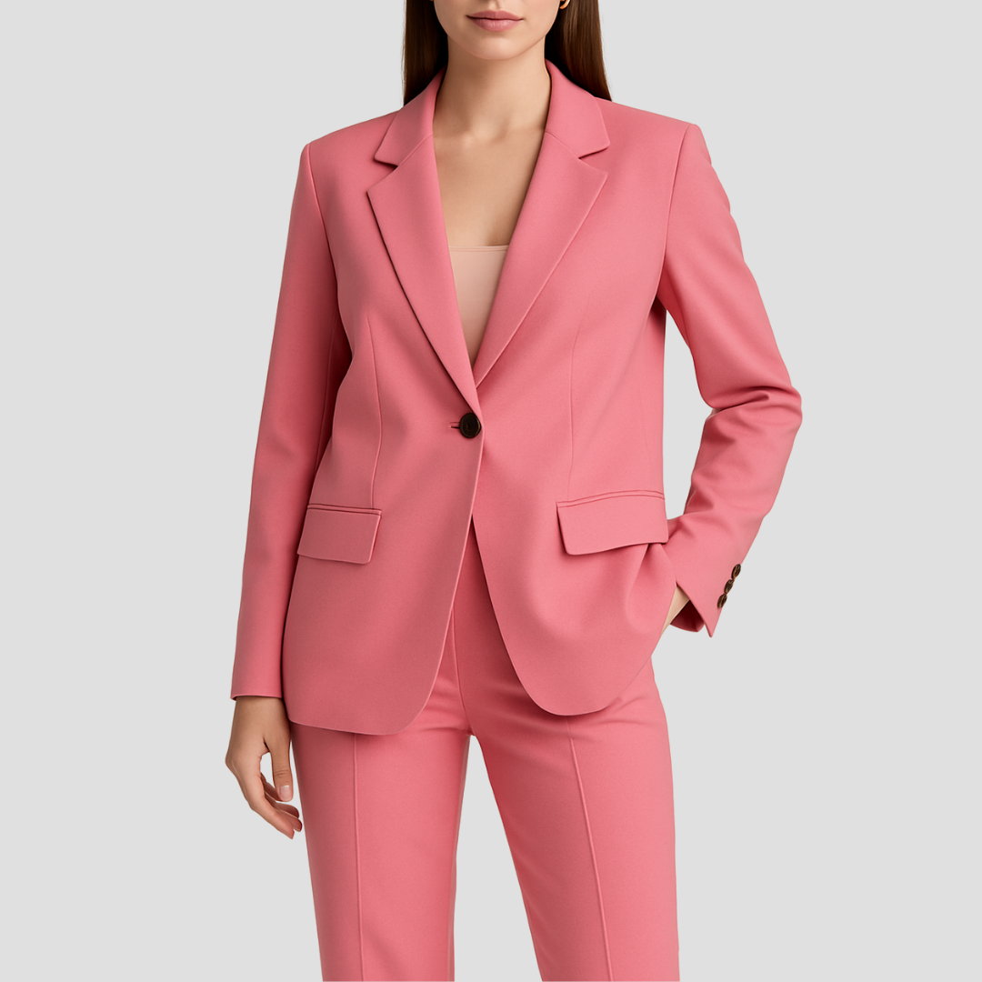 Model im rosafarbenen Anzug, Blazer mit dunklem Knopf, Pattentaschen und Knöpfen am Ärmel 3