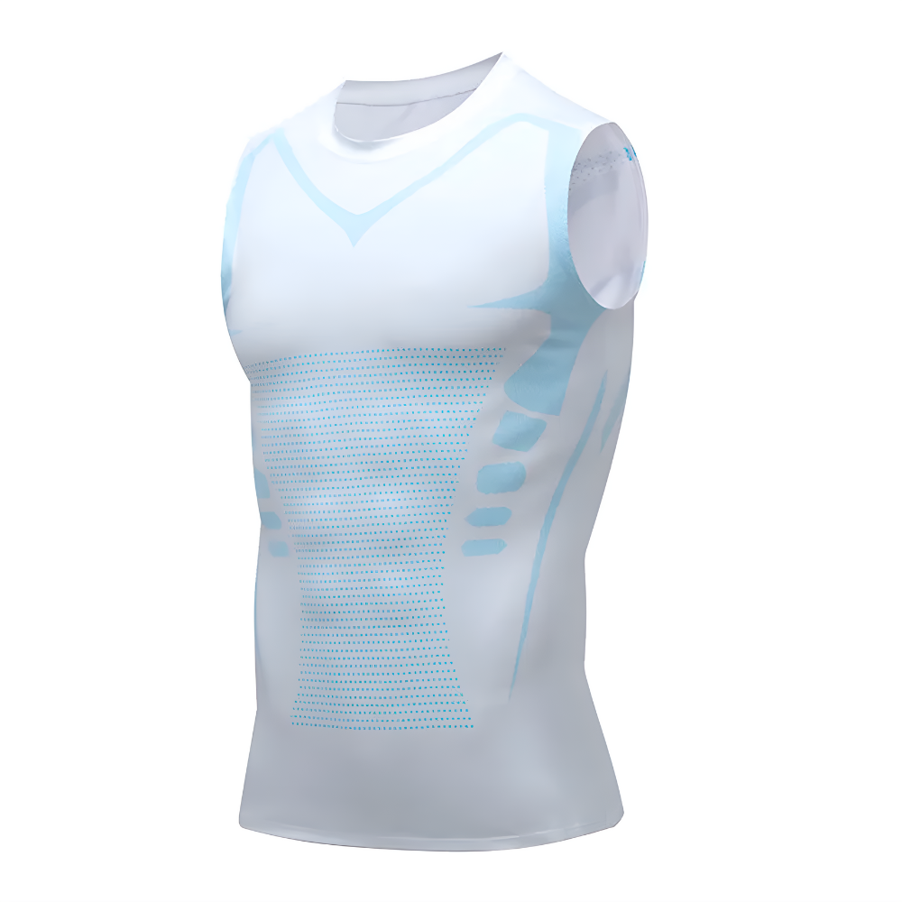 Ärmelloses weißes Sportshirt für Herren, atmungsaktiv, mit blauen Akzenten, ideal für Fitness.