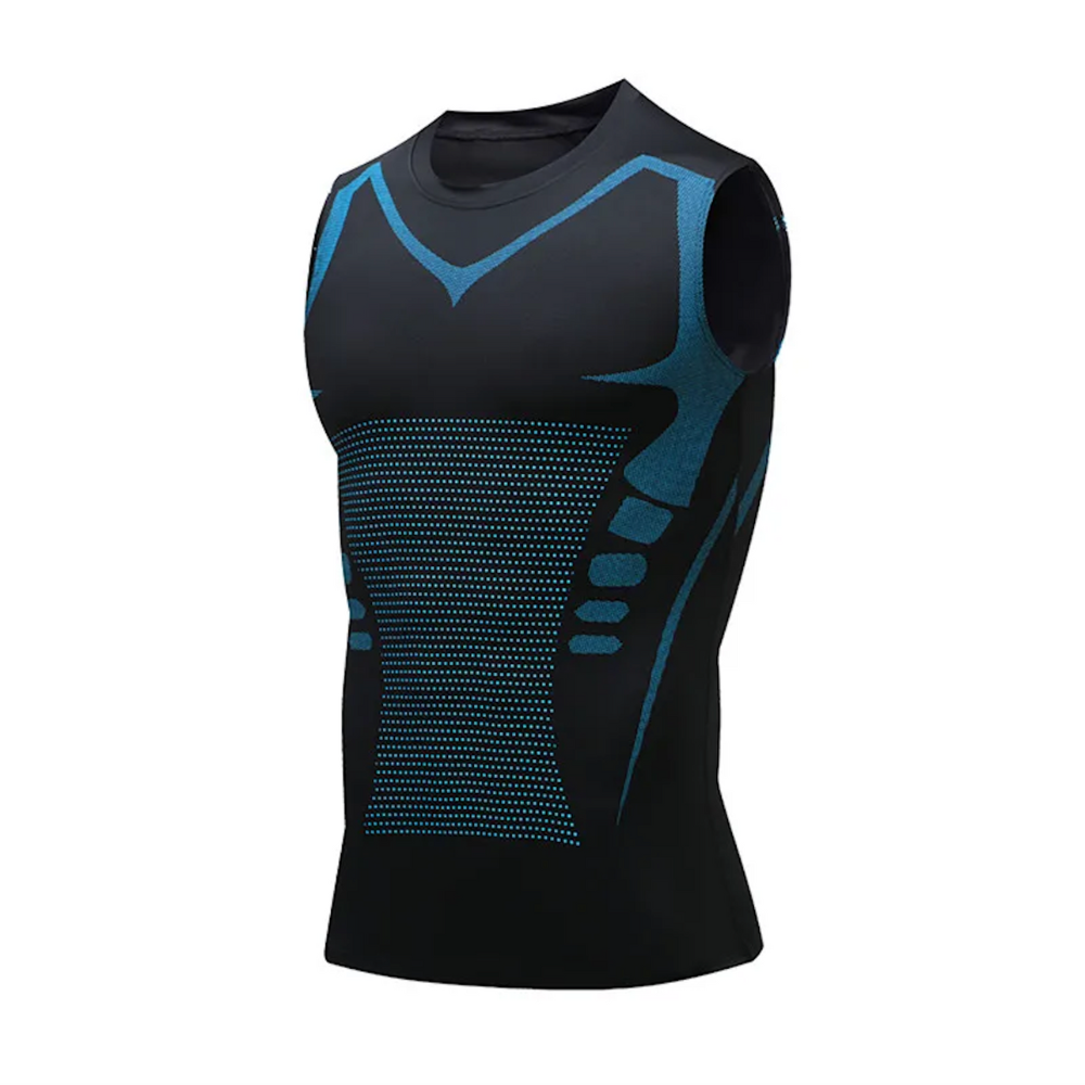 Schwarzes ärmelloses Sportshirt mit blauen Akzenten, atmungsaktiv, für Fitness und Training.