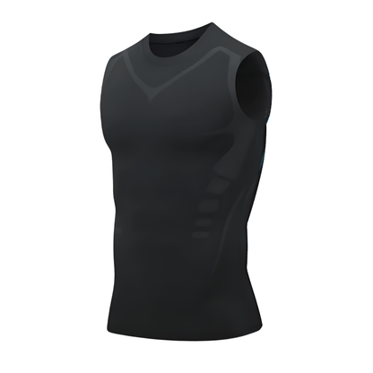 Schwarzes ärmelloses Sportshirt, atmungsaktiv, für Fitness und Training.