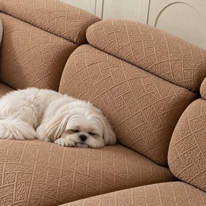 Weißer Hund schläft auf Sofa mit braunen Bezügen, Nahaufnahme der geprägten Rückenlehnen 11