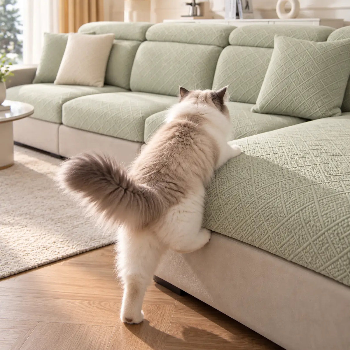 Ragdoll-Katze steigt auf Sofa mit hellgrünen Bezügen und Kissen im Wohnzimmer 14