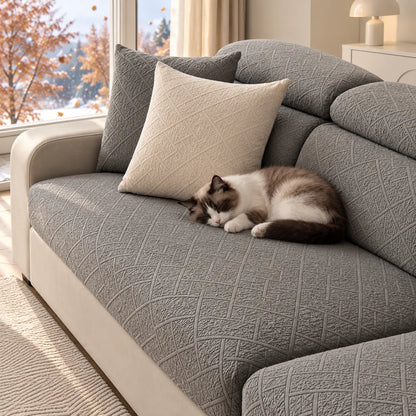 Katze schläft auf Sofa mit grauen Bezügen, daneben ein cremefarbenes und ein graues Kissen 15