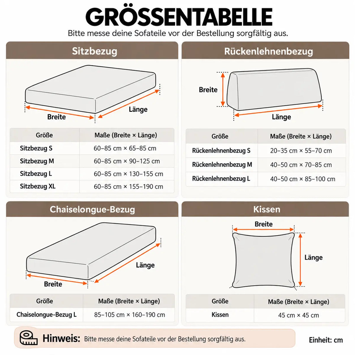 Größentabelle mit Maßen für Sitzbezug, Rückenlehnenbezug, Chaiselongue-Bezug und Kissen mit Skizzen 17