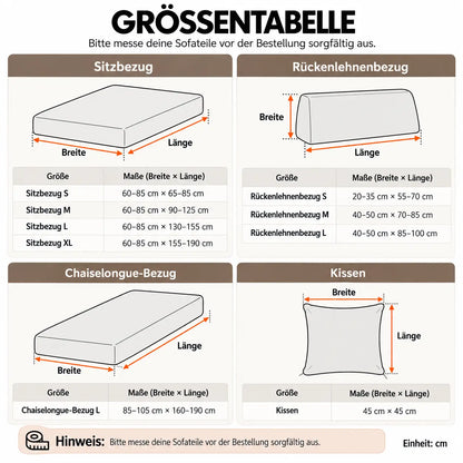 Größentabelle mit Maßen für Sitzbezug, Rückenlehnenbezug, Chaiselongue-Bezug und Kissen mit Skizzen 17