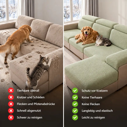 Vergleich links ohne Bezug mit Haaren und Kratzern, rechts mit hellgrünem Bezug und Hund und Katze 2