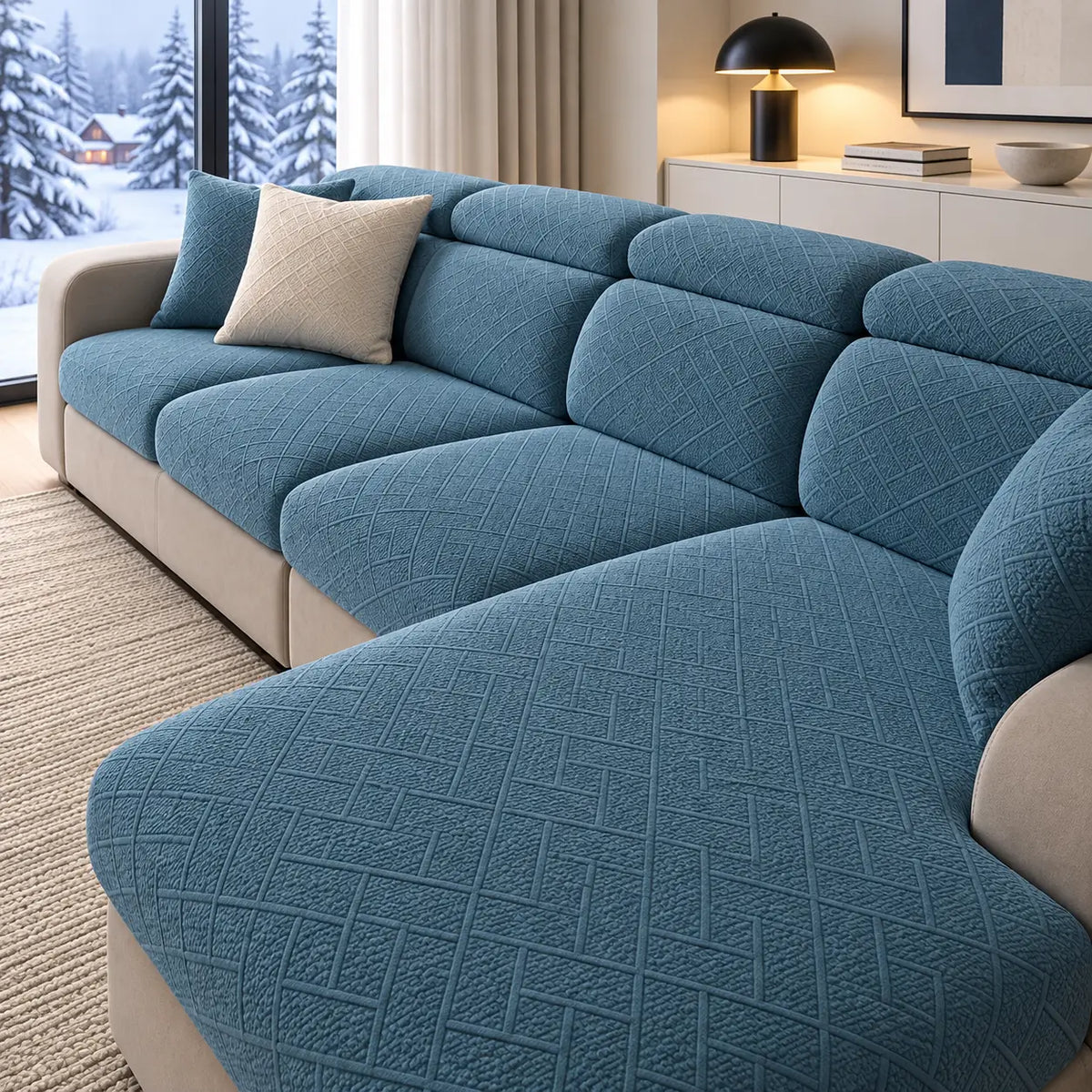 Ecksofa mit blauen Bezügen im Rautenmuster in einem Wohnzimmer vor winterlichem Fenster mit verschneiten Tannen 21