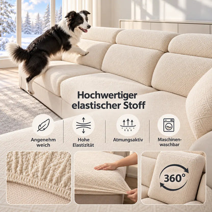 Border Collie springt aufs Sofa mit cremefarbenen Bezügen, kleine Detailbilder zeigen Stoff, Dehnbarkeit und Sitzkissen 4