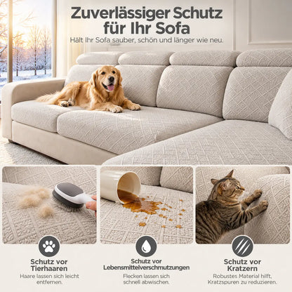 Heller Bezug schützt das Sofa mit Hund; Detailbilder zu Tierhaaren, verschütteter Flüssigkeit und kratzender Katze 5