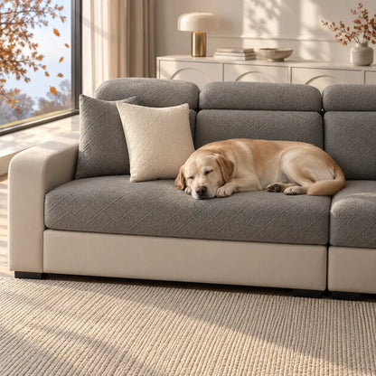 Labrador schläft auf einem Sofa mit grauen Bezügen und zwei Kissen vor sonnigem Fenster 8