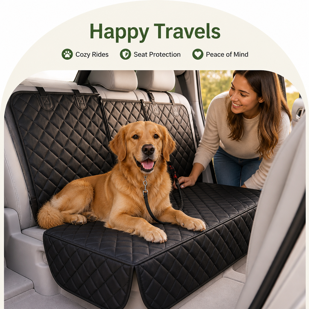 Golden Retriever liegt auf der schwarzen Rückbankabdeckung im Auto, während eine lächelnde Frau von der Seite zu ihm herunterschaut. 5