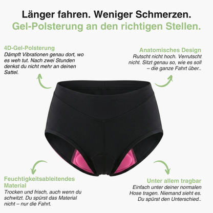 Schwarze Radunterhose mit rosa Gelpolster, umgeben von Grafik mit vier Produktvorteilen 3