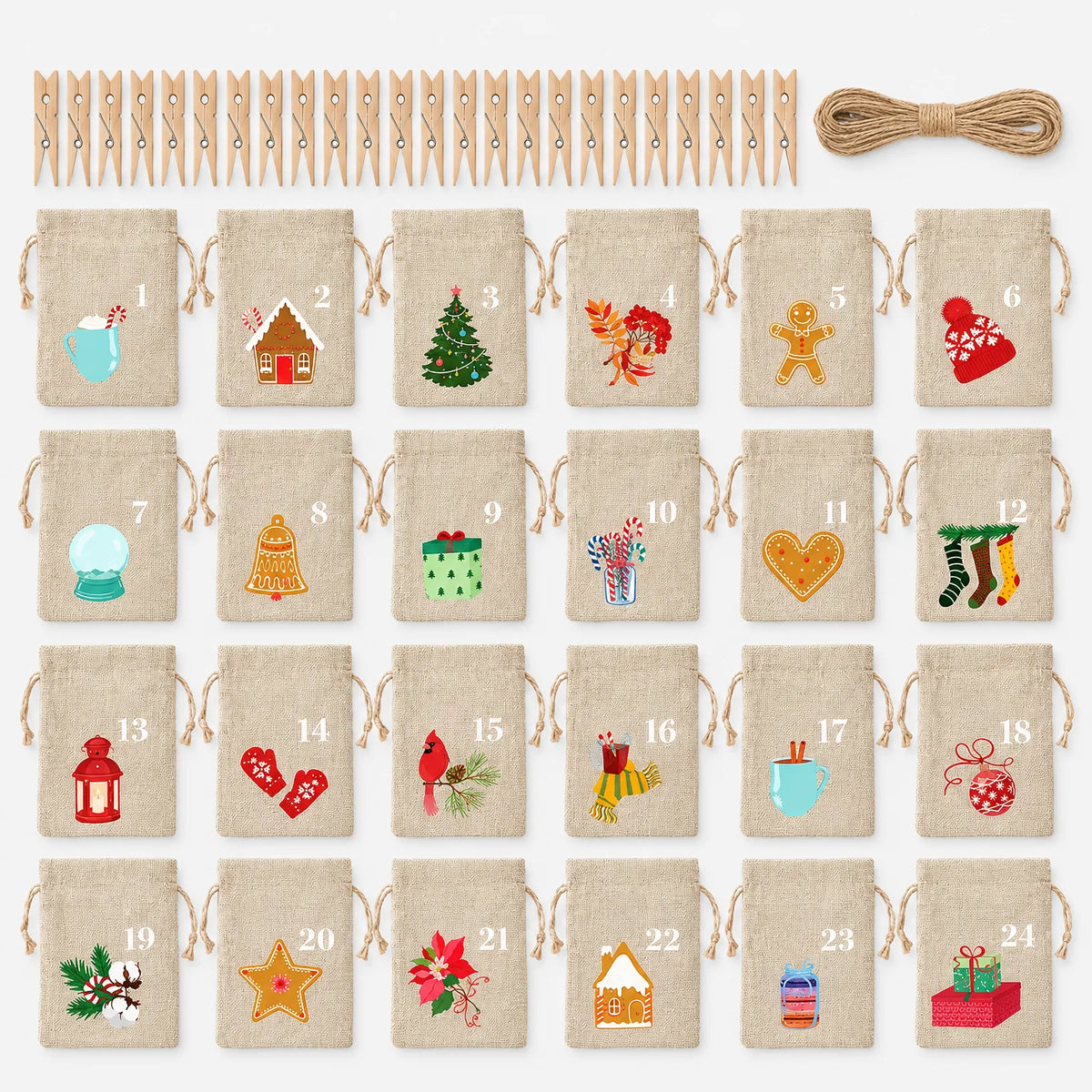 Alle 24 nummerierten Jutesäckchen mit verschiedenen Weihnachtsmotiven, dazu Holzklammern und eine Rolle Juteschnur, übersichtlich auf hellem Hintergrund ausgele 2