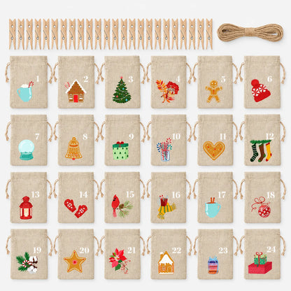 Alle 24 nummerierten Jutesäckchen mit verschiedenen Weihnachtsmotiven, dazu Holzklammern und eine Rolle Juteschnur, übersichtlich auf hellem Hintergrund ausgele 2