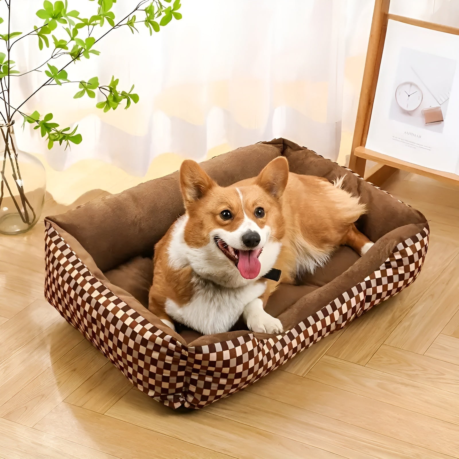 Braunes kariertes Hundebett mit Corgi, weiches Plüschmaterial, luxuriöses Haustierbett.