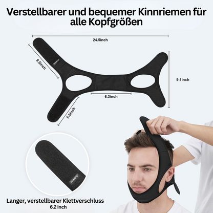 Verstellbarer schwarzer Kinnriemen für alle Kopfgrößen, bequem, mit Klettverschluss.