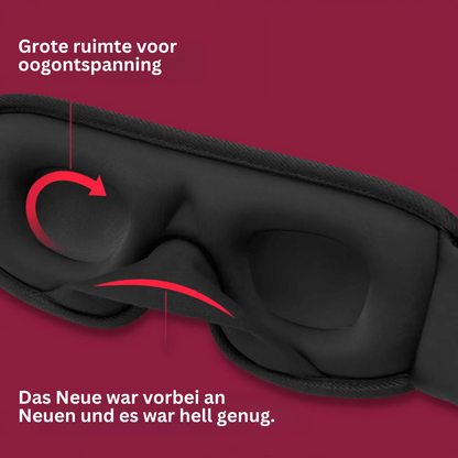 Schwarze Schlafmaske, ergonomisch, mit Augenmulden, auf rotem Hintergrund.
