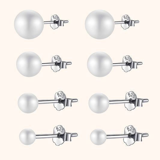 Neun Paar silberne Perlenohrringe, runde Form, glänzend, Schmuck für Damen.