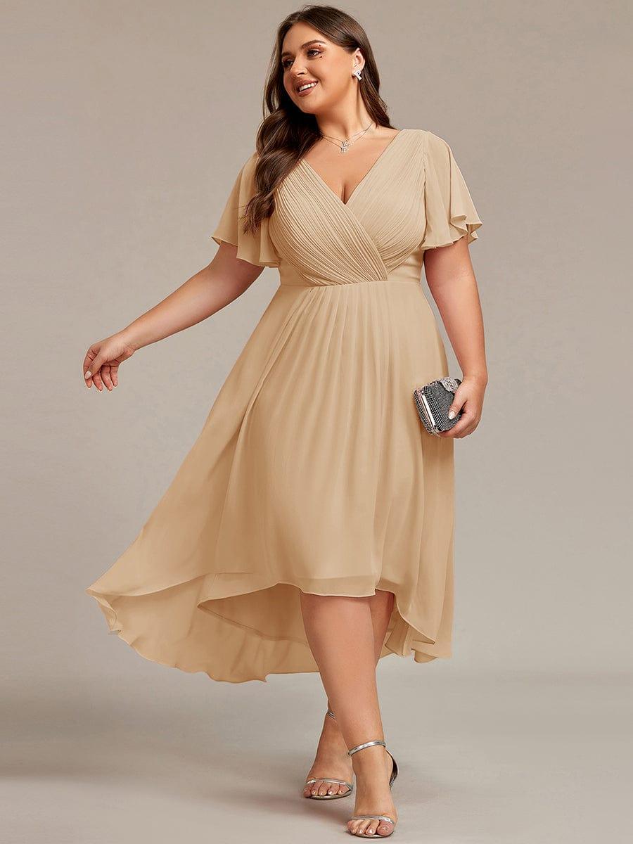 Chiffon hoch und tiefes Kleid für Hochzeitsgäste mit V-Ausschnitt und kurzen Ärmeln 153