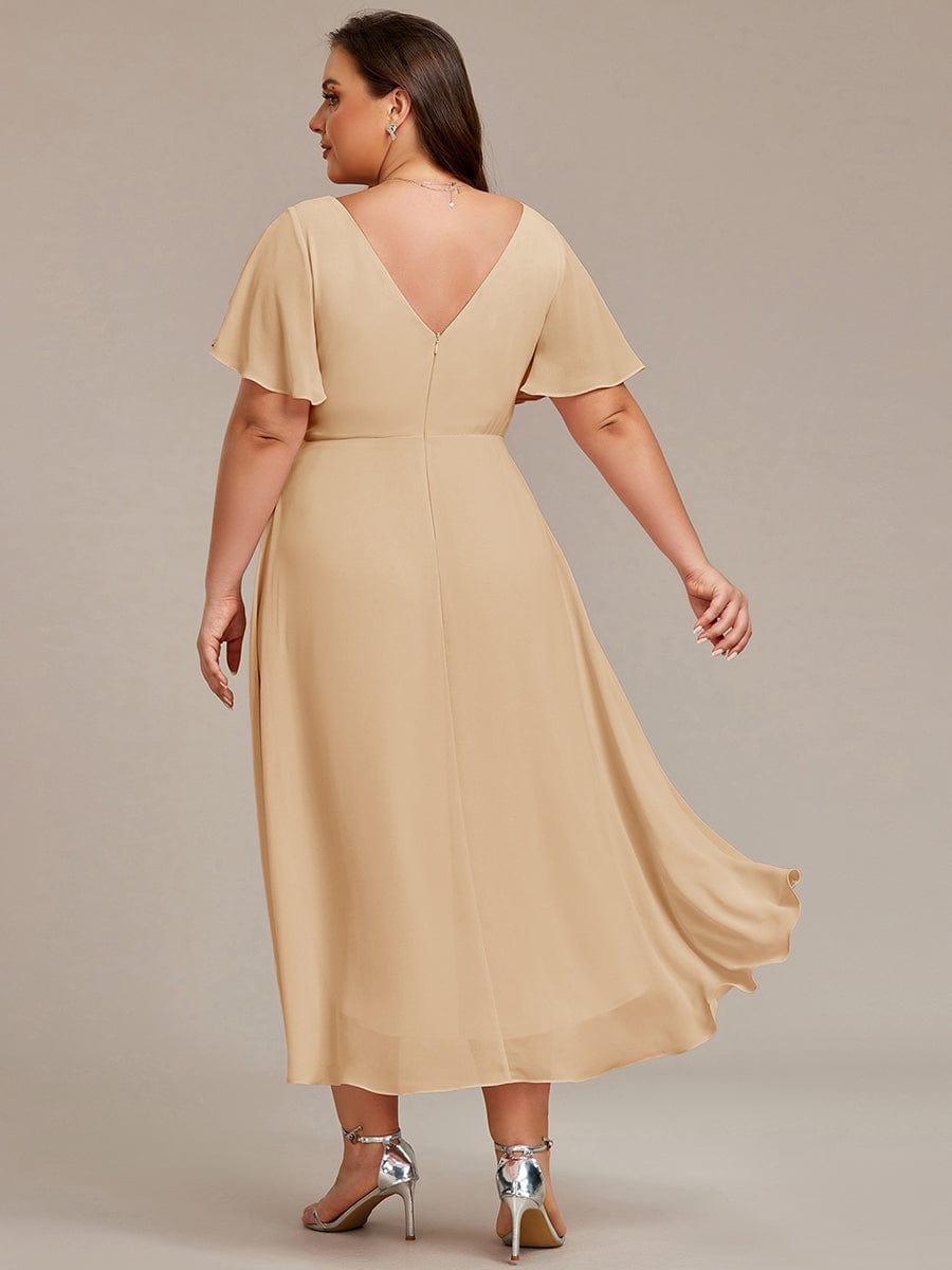 Chiffon hoch und tiefes Kleid für Hochzeitsgäste mit V-Ausschnitt und kurzen Ärmeln 154