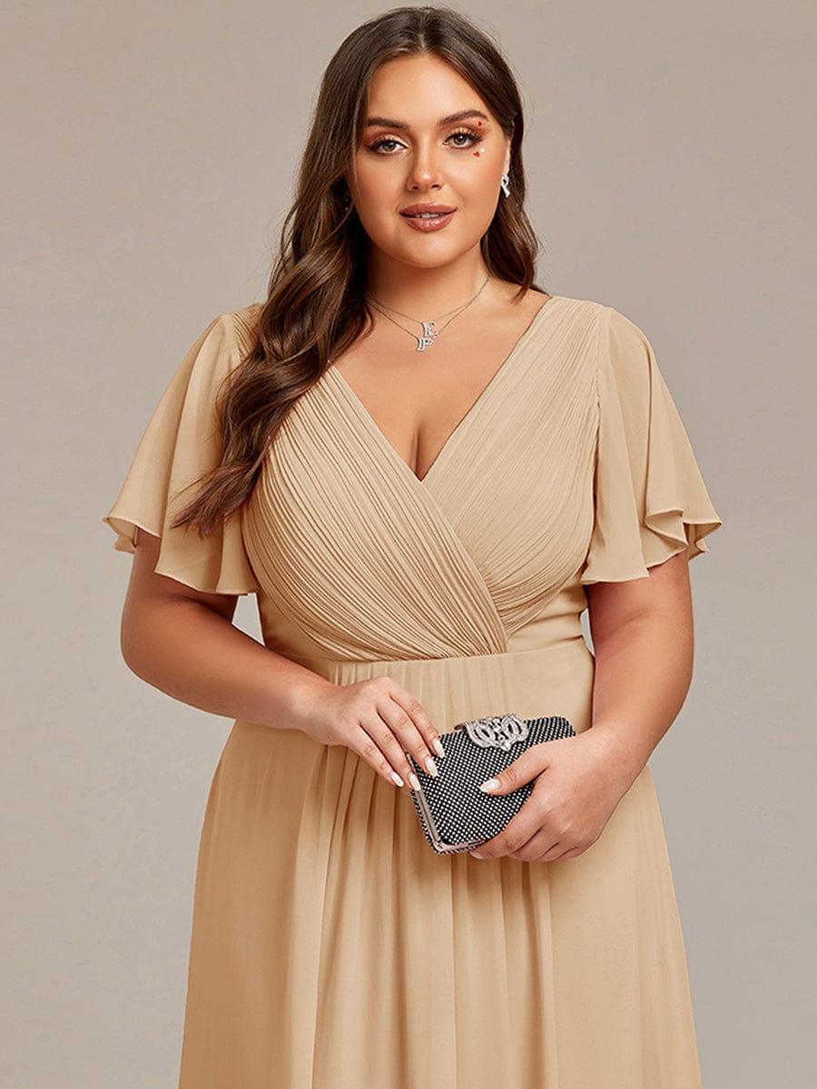Chiffon hoch und tiefes Kleid für Hochzeitsgäste mit V-Ausschnitt und kurzen Ärmeln 155