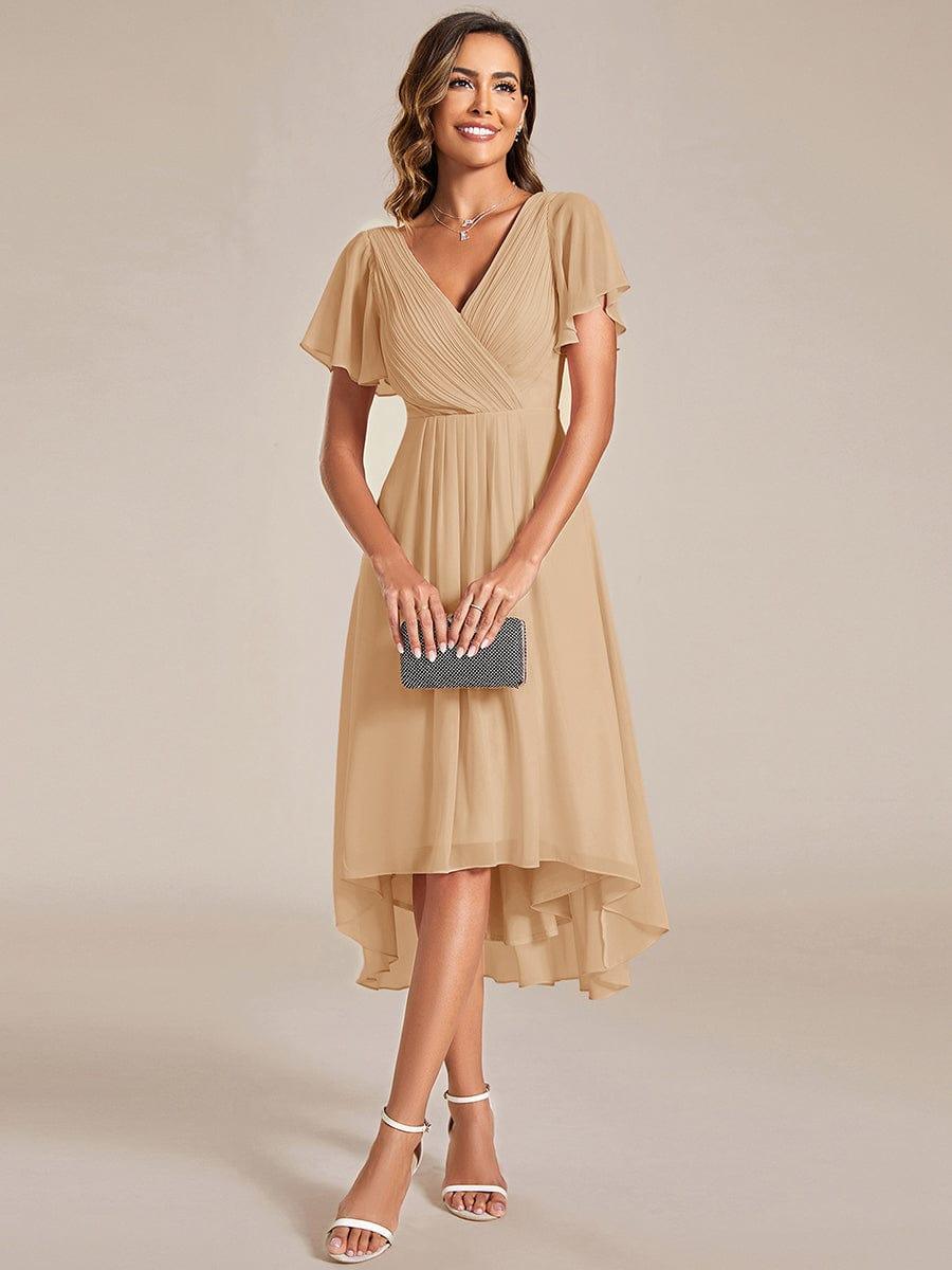 Chiffon hoch und tiefes Kleid für Hochzeitsgäste mit V-Ausschnitt und kurzen Ärmeln 150