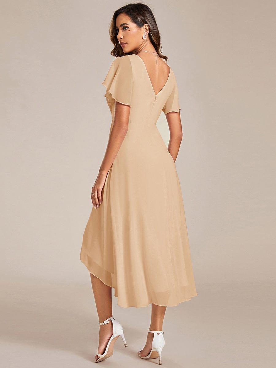 Chiffon hoch und tiefes Kleid für Hochzeitsgäste mit V-Ausschnitt und kurzen Ärmeln 151