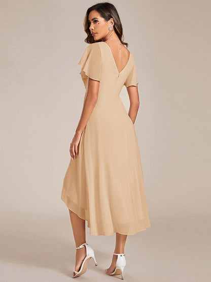 Chiffon hoch und tiefes Kleid für Hochzeitsgäste mit V-Ausschnitt und kurzen Ärmeln 151