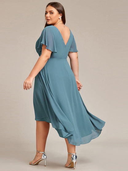 Chiffon hoch und tiefes Kleid für Hochzeitsgäste mit V-Ausschnitt und kurzen Ärmeln 114