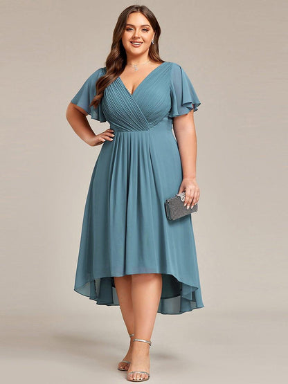 Chiffon hoch und tiefes Kleid für Hochzeitsgäste mit V-Ausschnitt und kurzen Ärmeln 113