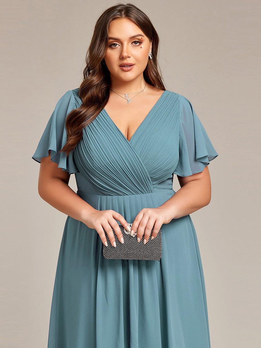 Chiffon hoch und tiefes Kleid für Hochzeitsgäste mit V-Ausschnitt und kurzen Ärmeln 115
