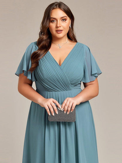 Chiffon hoch und tiefes Kleid für Hochzeitsgäste mit V-Ausschnitt und kurzen Ärmeln 115