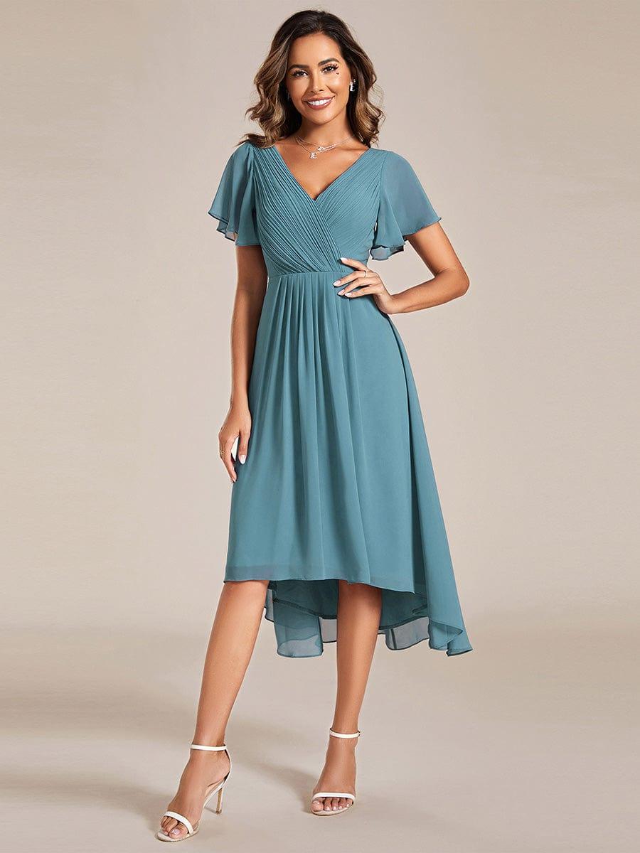 Chiffon hoch und tiefes Kleid für Hochzeitsgäste mit V-Ausschnitt und kurzen Ärmeln 108