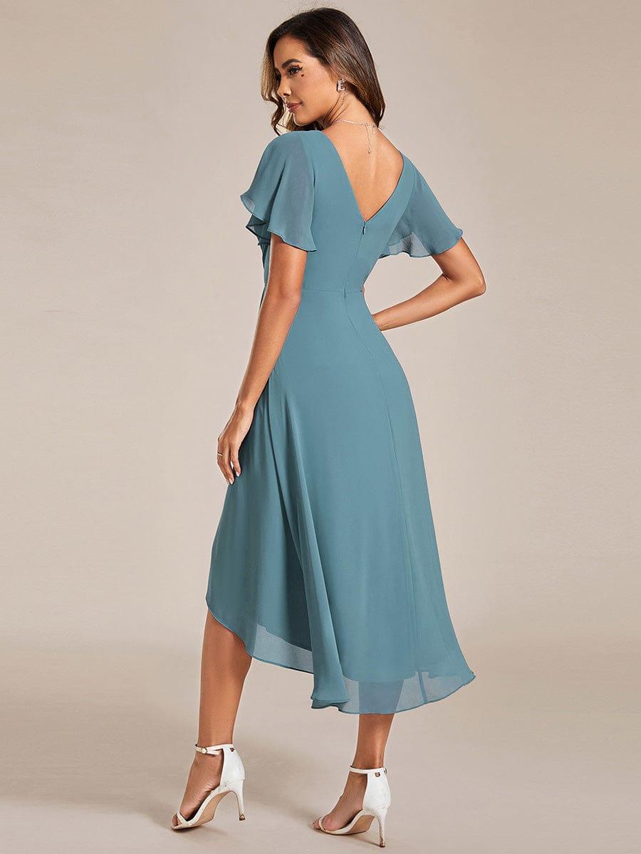 Chiffon hoch und tiefes Kleid für Hochzeitsgäste mit V-Ausschnitt und kurzen Ärmeln 109
