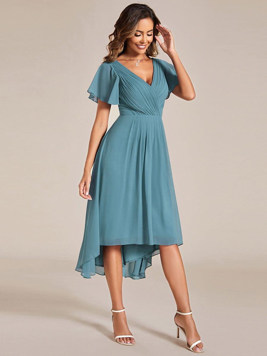 Chiffon hoch und tiefes Kleid für Hochzeitsgäste mit V-Ausschnitt und kurzen Ärmeln 112