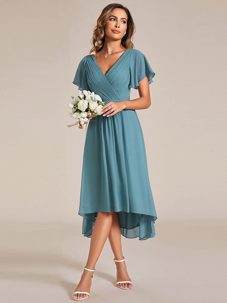 Chiffon hoch und tiefes Kleid für Hochzeitsgäste mit V-Ausschnitt und kurzen Ärmeln 110