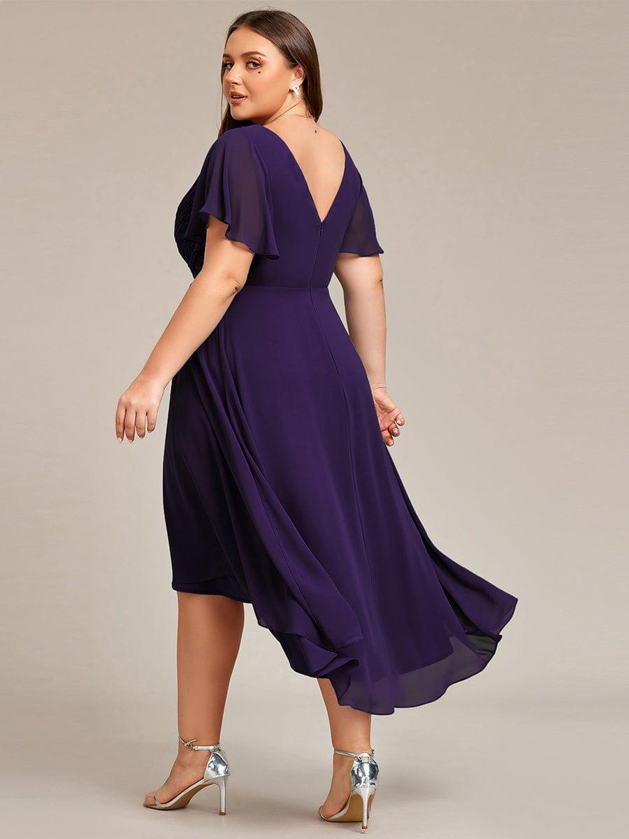 Chiffon hoch und tiefes Kleid für Hochzeitsgäste mit V-Ausschnitt und kurzen Ärmeln 122