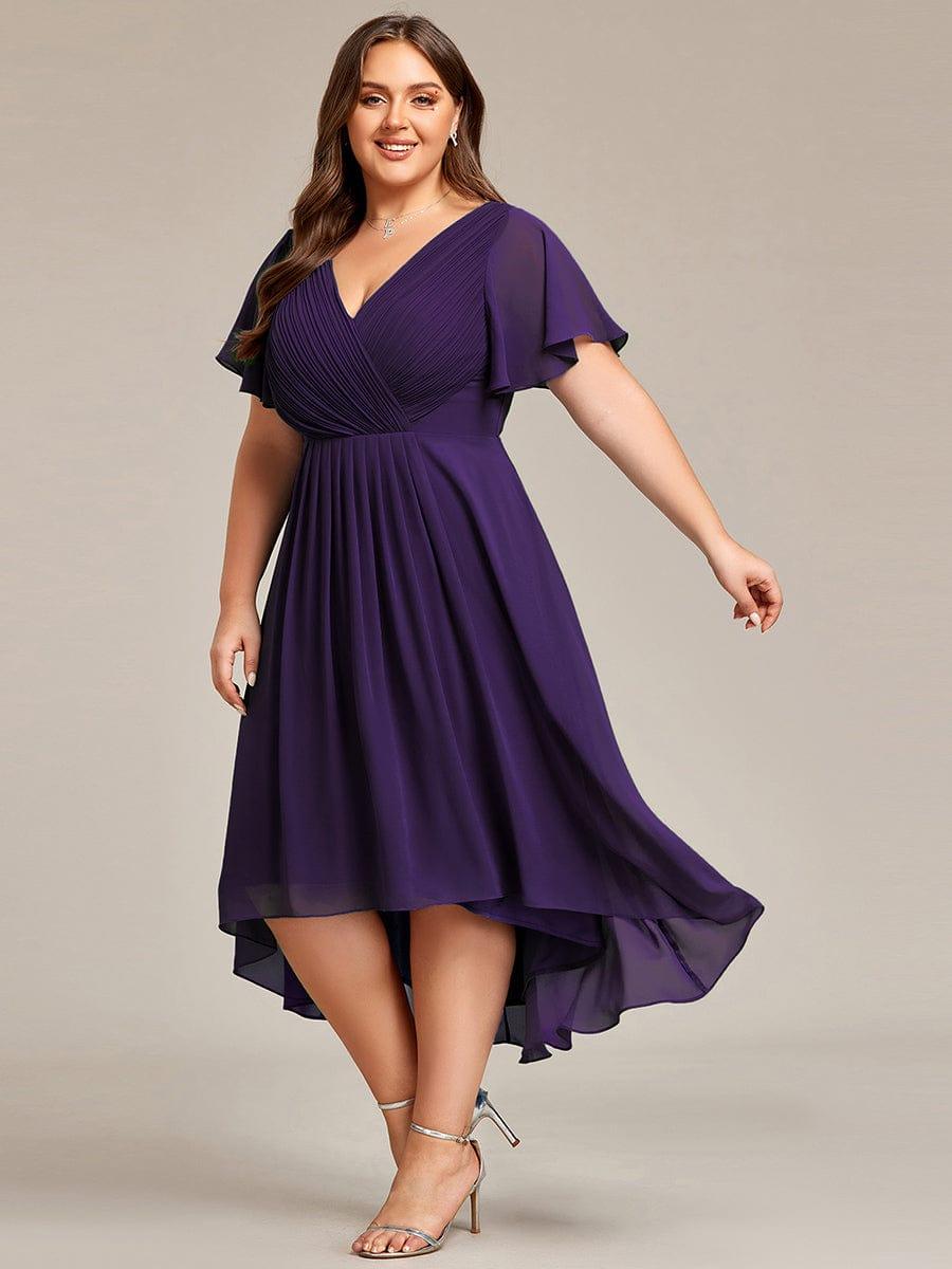 Chiffon hoch und tiefes Kleid für Hochzeitsgäste mit V-Ausschnitt und kurzen Ärmeln 121