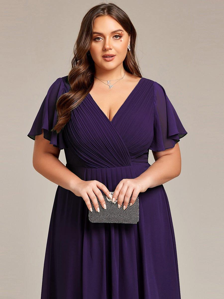 Chiffon hoch und tiefes Kleid für Hochzeitsgäste mit V-Ausschnitt und kurzen Ärmeln 123